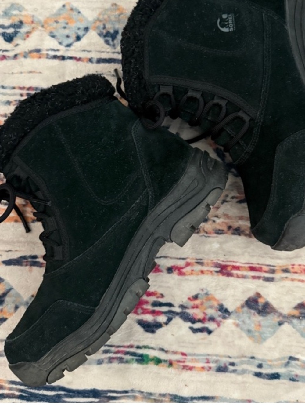 Sorel Waterfall Winter Boots black suede Leather Lace Up Faux Fur Lined